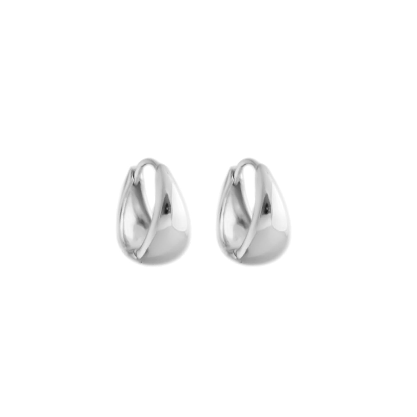 Silver teardrop hoop huggie earrings, two-piece pair with rounded open center.