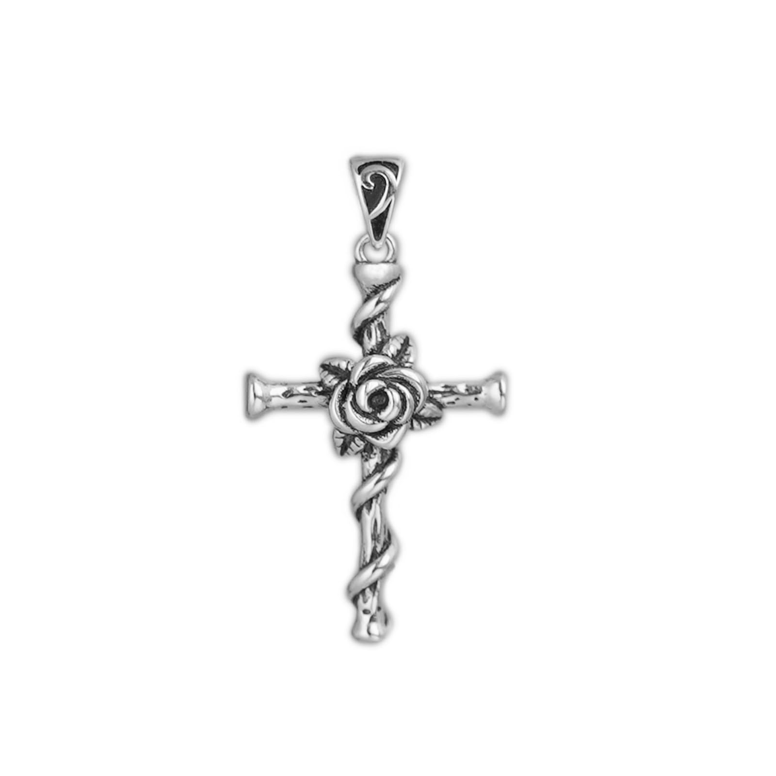 Rose thorn cross pendant in silver tone with floral rose detail