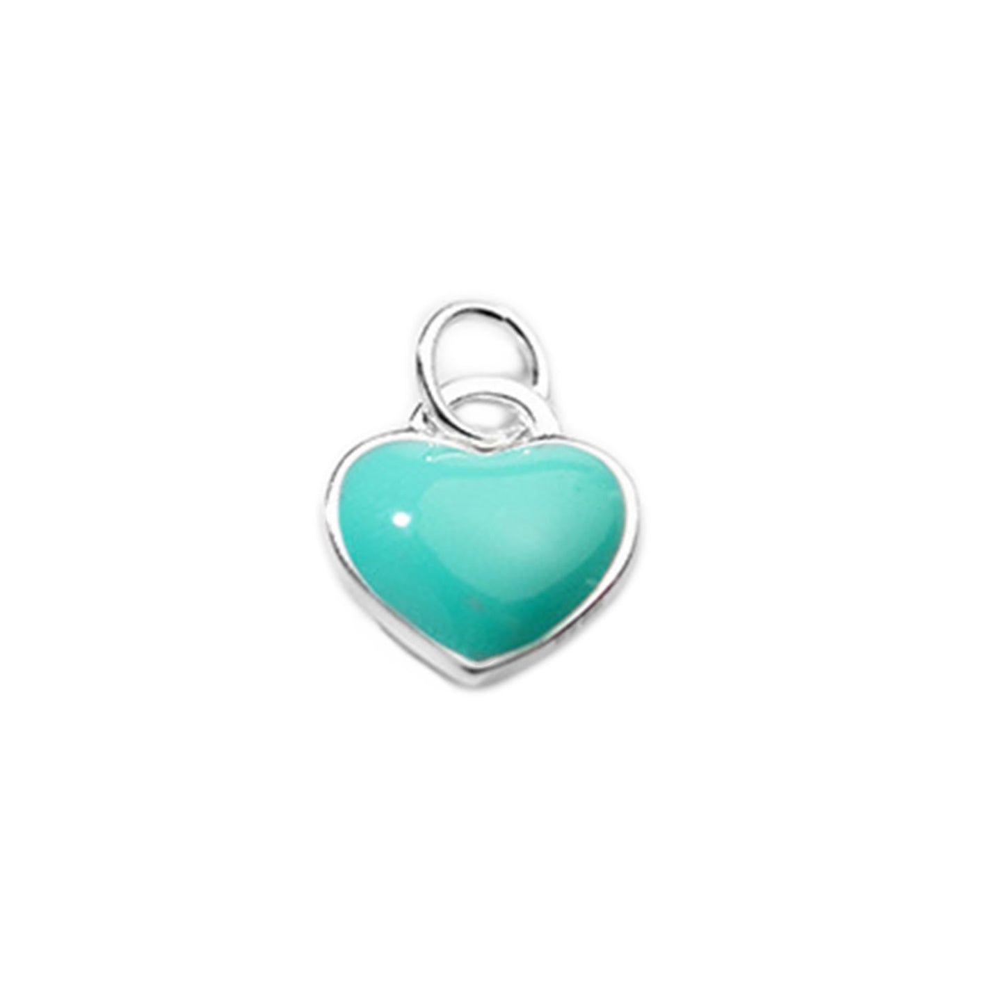 Turquoise heart charm with silver bail, glossy glazed enamel finish