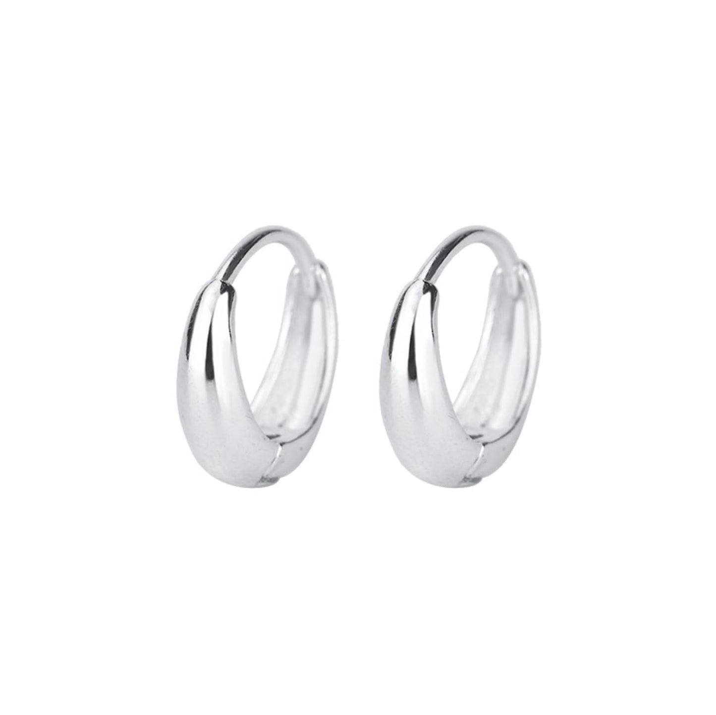 Silver teardrop hoop huggie earrings with a small rounded top, close-up pair.