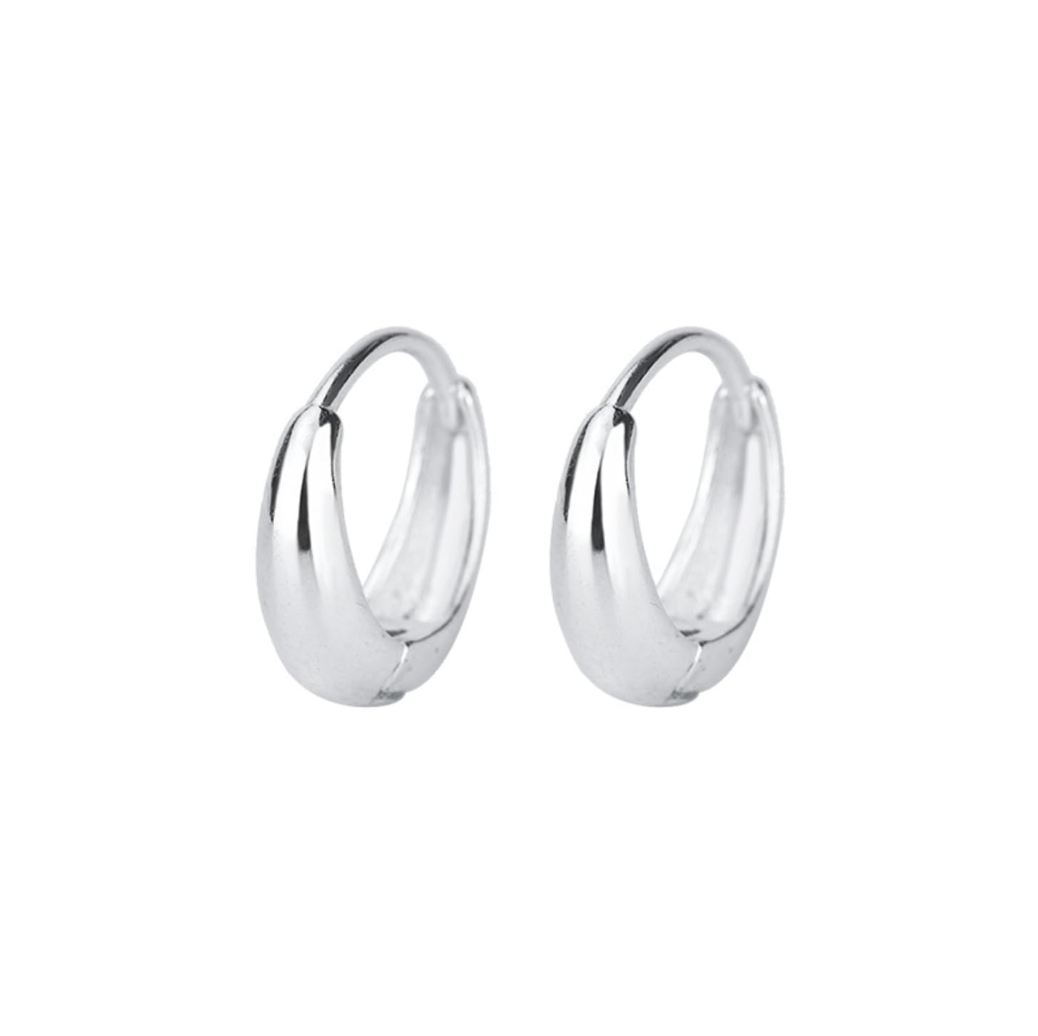 Silver teardrop hoop huggie earrings with a small rounded top, close-up pair.