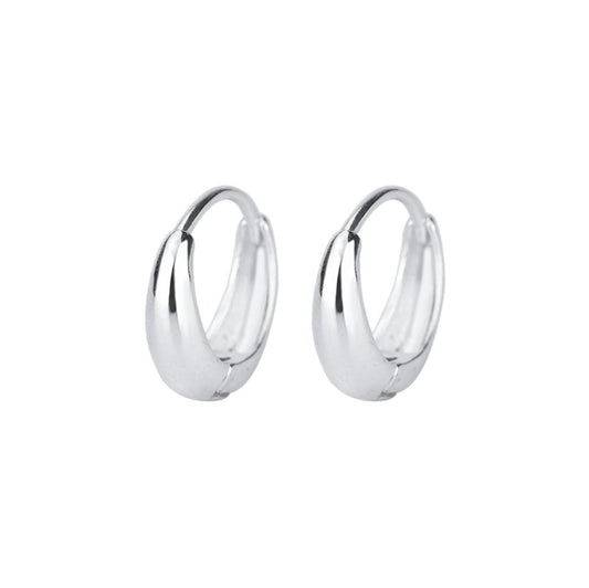 Silver teardrop hoop huggie earrings, smooth clasp front and side view