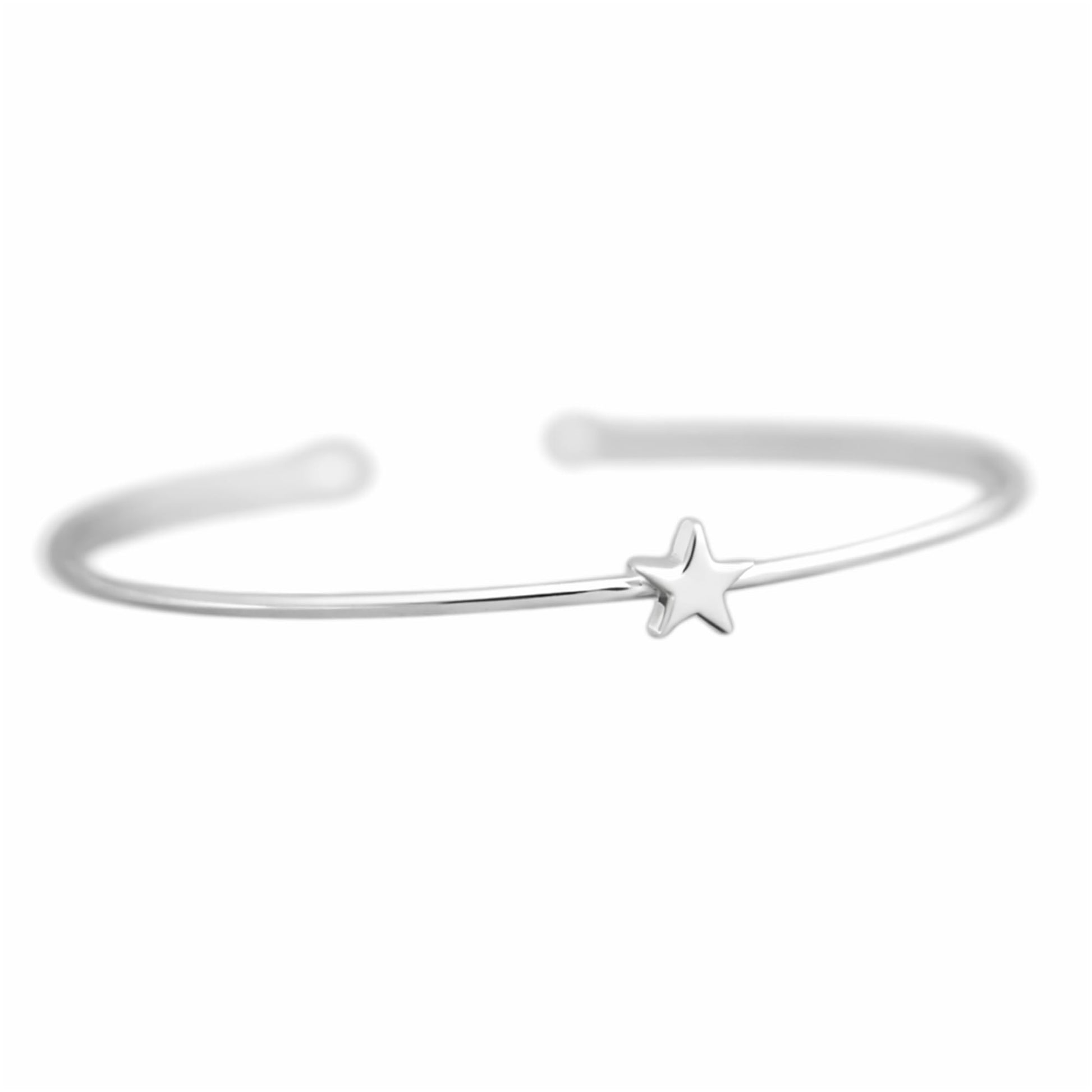 Silver star charm torque bangle bracelet with hinged cable design