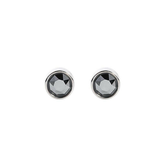 Bezel solitaire stud earrings, round black center stone in silver-tone setting