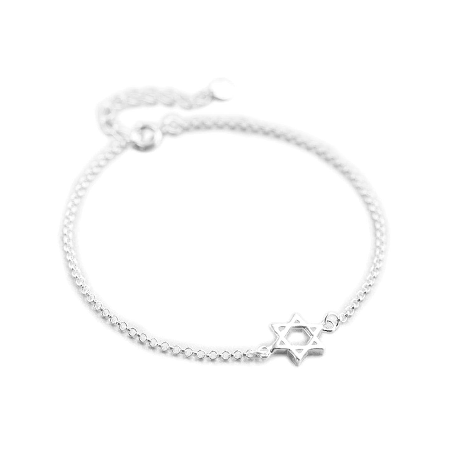Star of David charm bracelet in silver tone with star pendant at the clasp