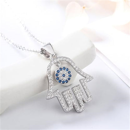 Sterling Silver Hollow Blue Paved CZ Evil Eye Hamsa Hand of Fatima Pendant