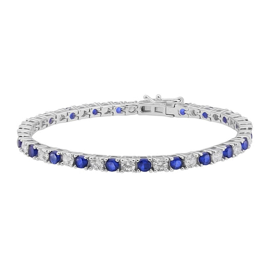 Rhodium on Sterling Silver Tennis Bracelet – 3mm Round Cubic Zirconia Simulated Sapphire & Diamond Stones, Box With Tongue & Safety Clasp, 6.5" - 8"