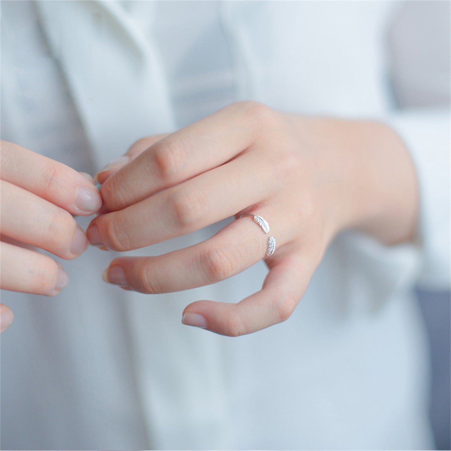 Sterling Silver Double Feather Angel Finger Wing Pair Open Band Ring with Adjustable Size - sugarkittenlondon