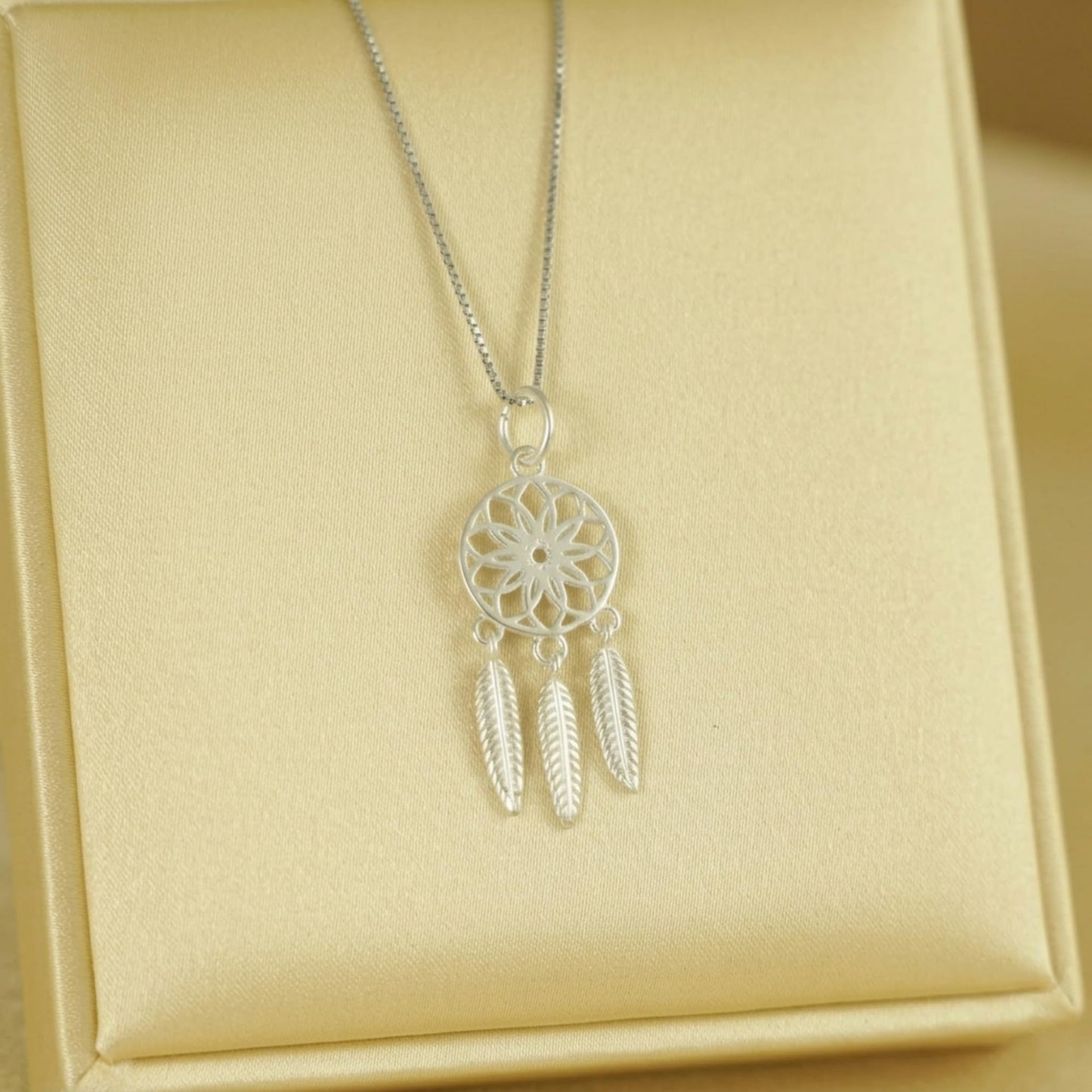 Dream Catcher Charm necklace pendant with round filigree medallion and three feather drops