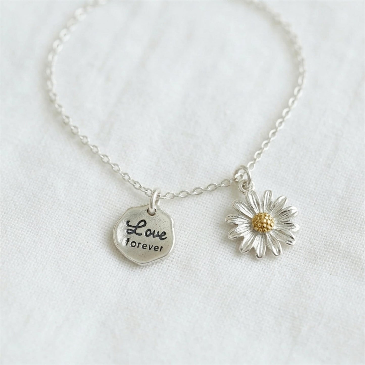 “Love forever” hexagon charm with daisy charm on necklace chain