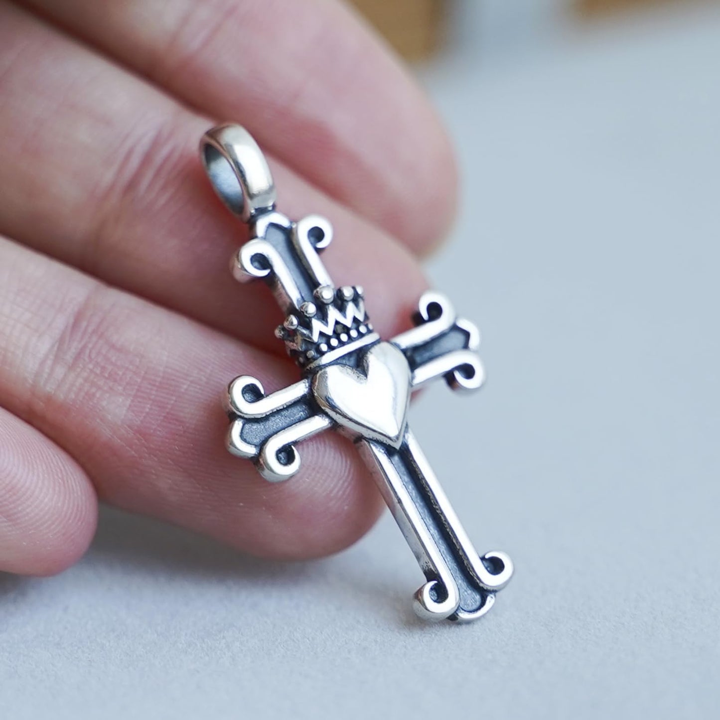 Sterling Silver Oxidised Fleury Claddagh Cross Pendant Heart Crown Love Symbol