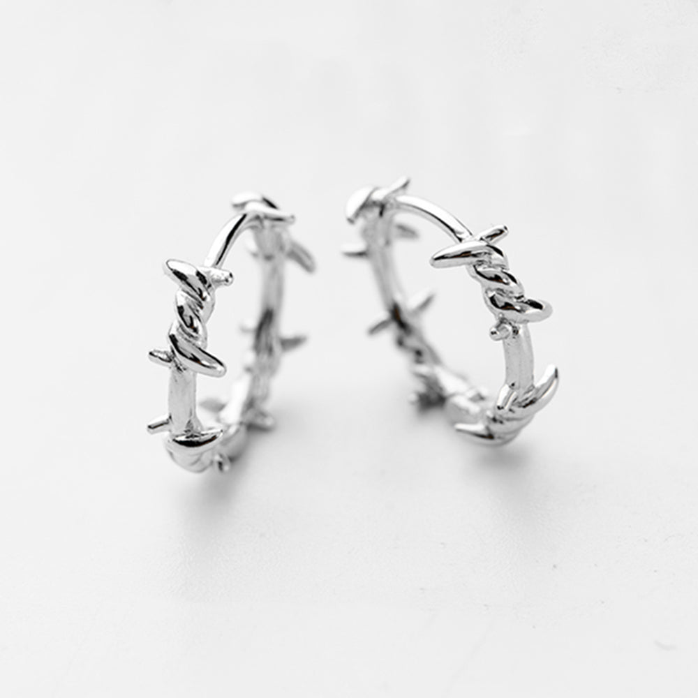 925 Sterling Silver Barb Wire Hoop Sleeper Earrings with Twisted Thorn Branch Design - sugarkittenlondon