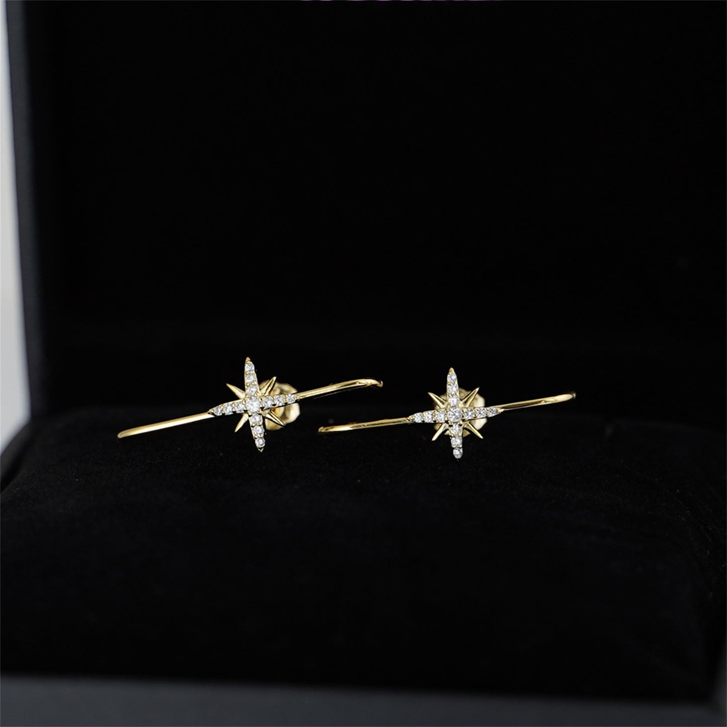 Sterling Silver North Pole Star Pave CZ Suspender Bar Cuff Stud Earrings 2 Tones