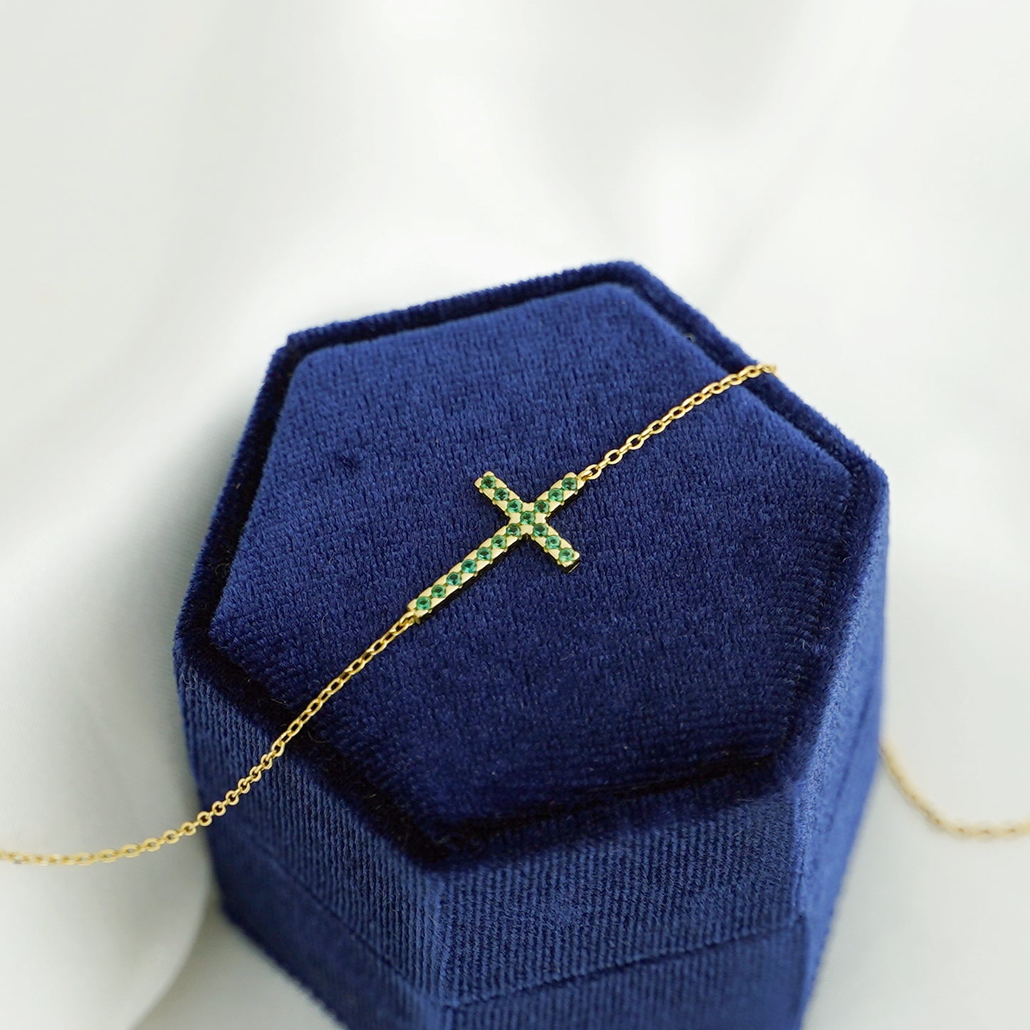 18K Gold on Sterling Silver Green CZ Cross Pendant Necklace - sugarkittenlondon