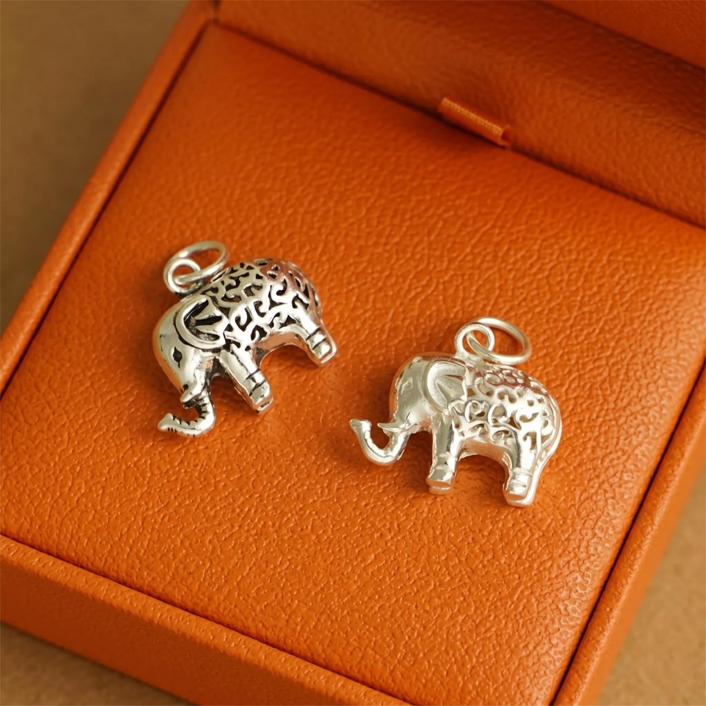 Sterling Silver Filigree 3D Elephant w Raised Trunk Pendant Charm