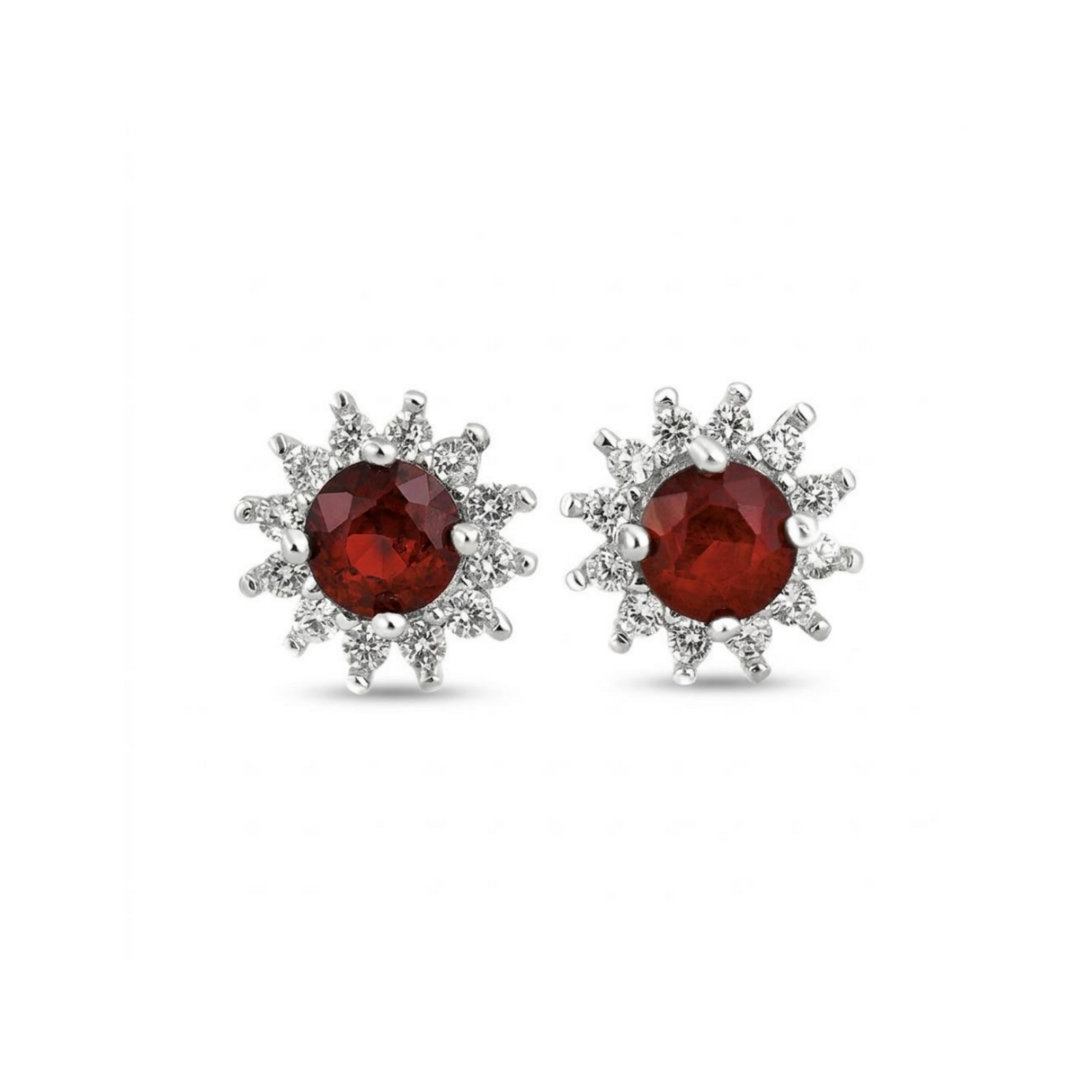 Red oval gemstone cluster earrings with diamond accents and stud backs