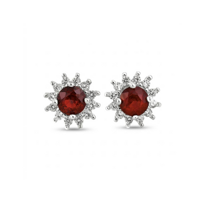 Red oval gemstone cluster earrings with diamond accents and stud backs