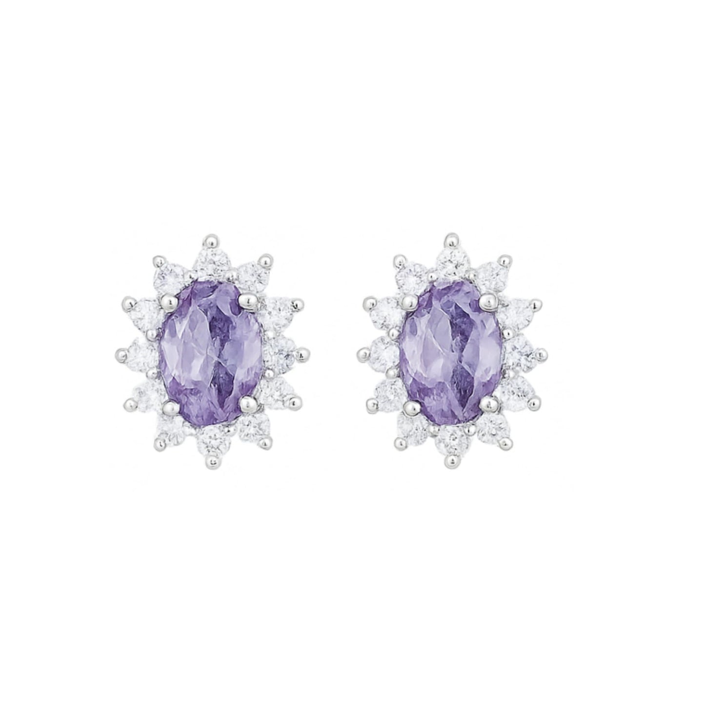 Oval amethyst cluster stud earrings with crystal halo, silver-tone setting