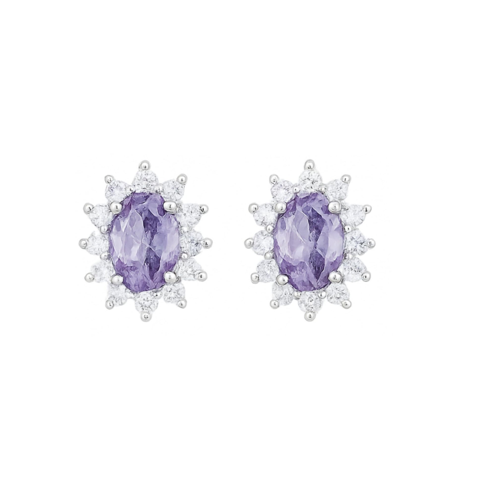 Oval amethyst cluster stud earrings with crystal halo, silver-tone setting