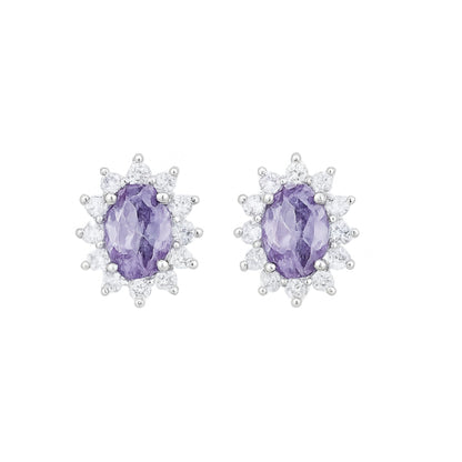 Oval amethyst cluster stud earrings with crystal halo, silver-tone setting