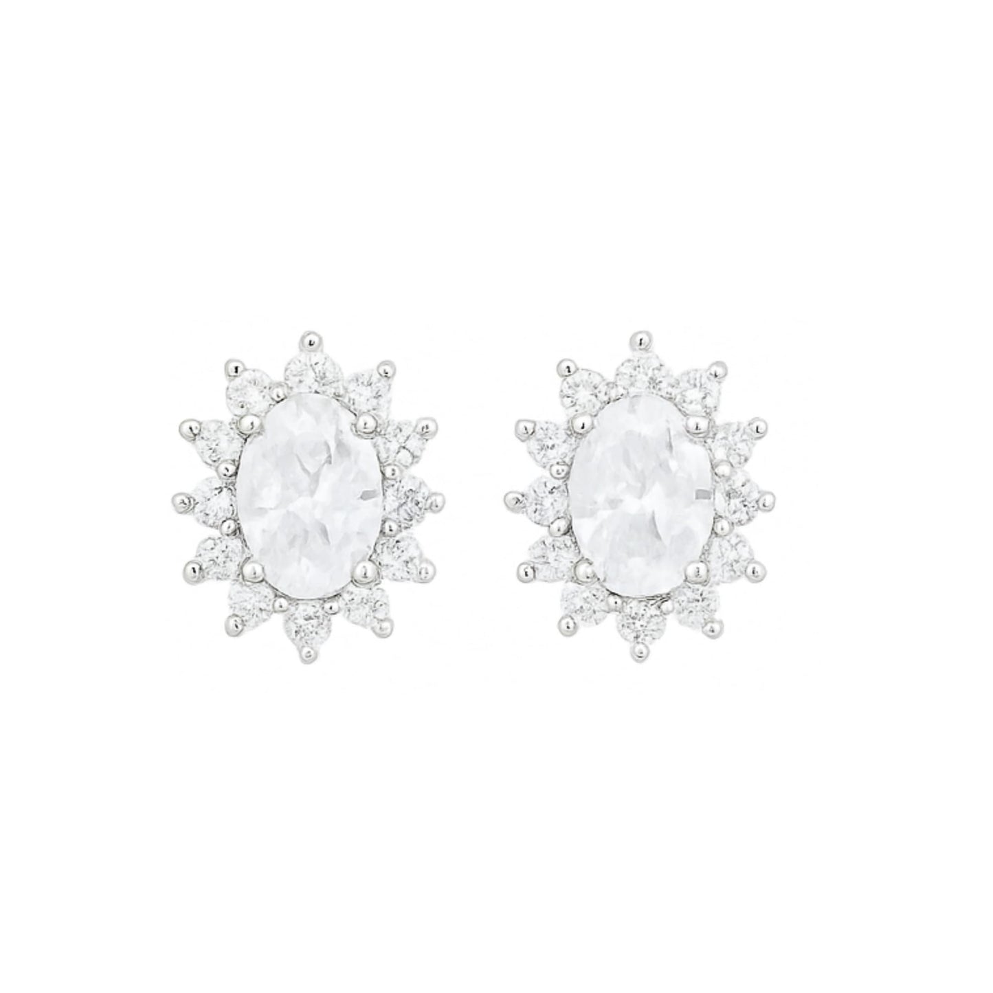 Clear oval gemstone cluster earrings with halo of small stones