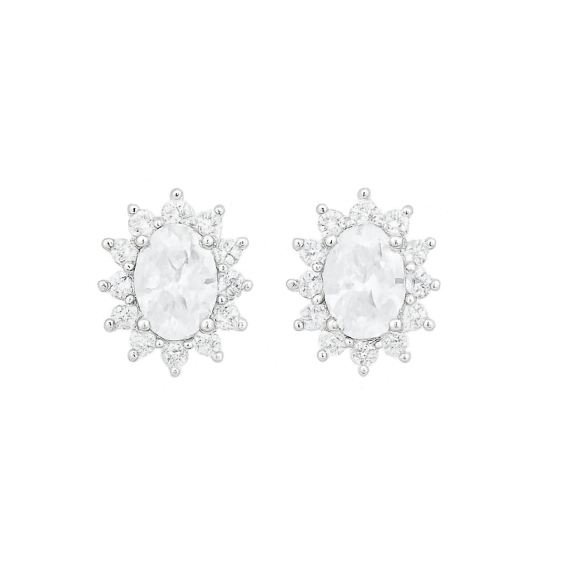 Clear oval gemstone cluster earrings with halo of small stones