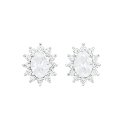 Clear oval gemstone cluster earrings with halo of small stones