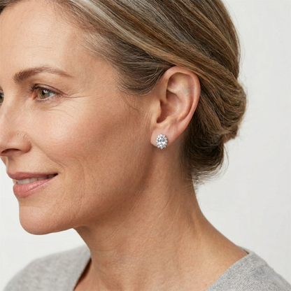 Clear round gemstone cluster earrings worn on ear