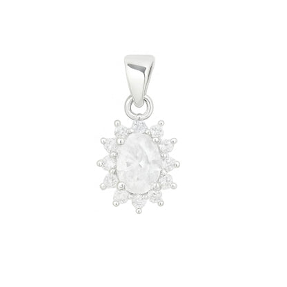 Silver pendant with white round gemstone cluster surrounded by small clear stones