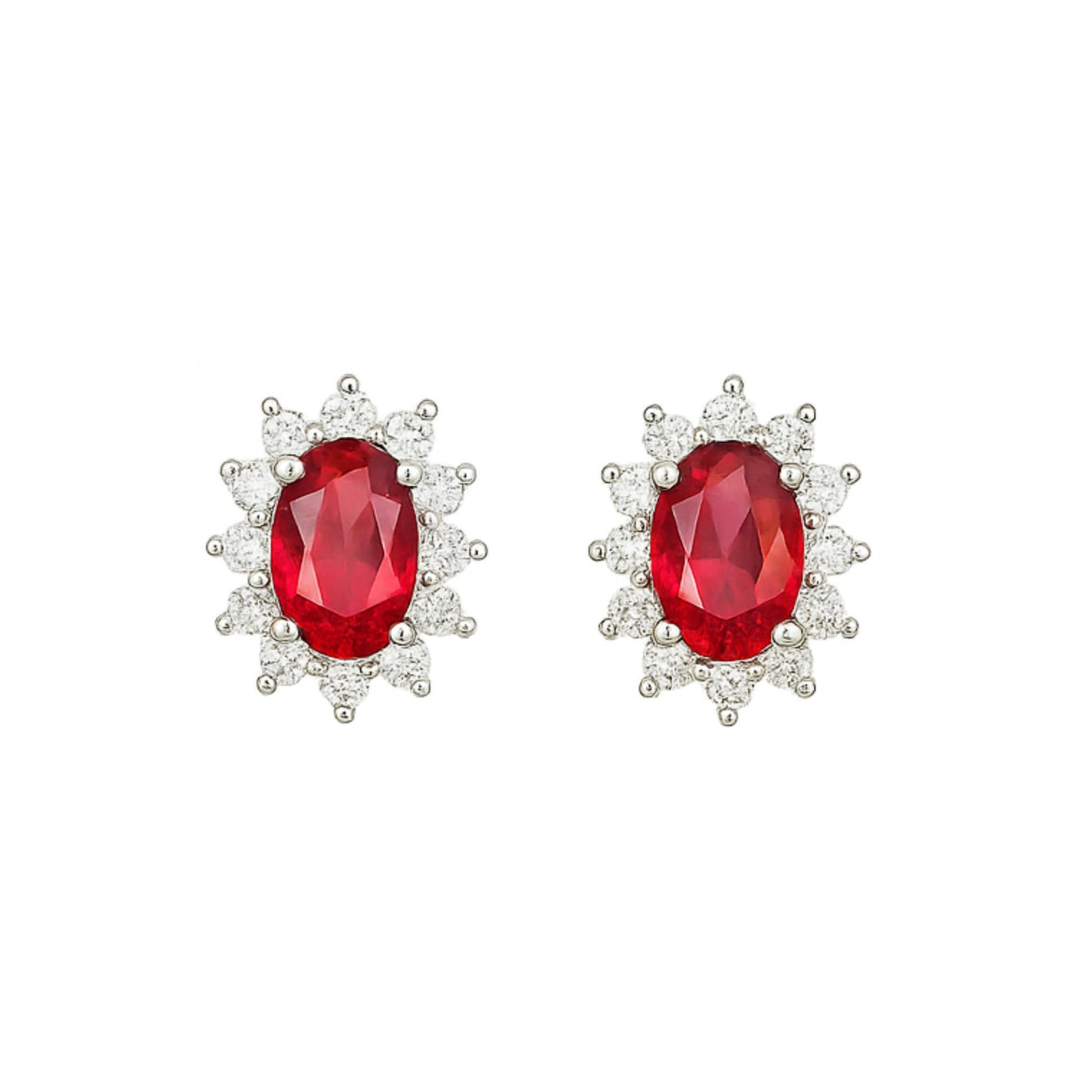 Oval red garnet cluster stud earrings with crystal halo, silver-tone setting