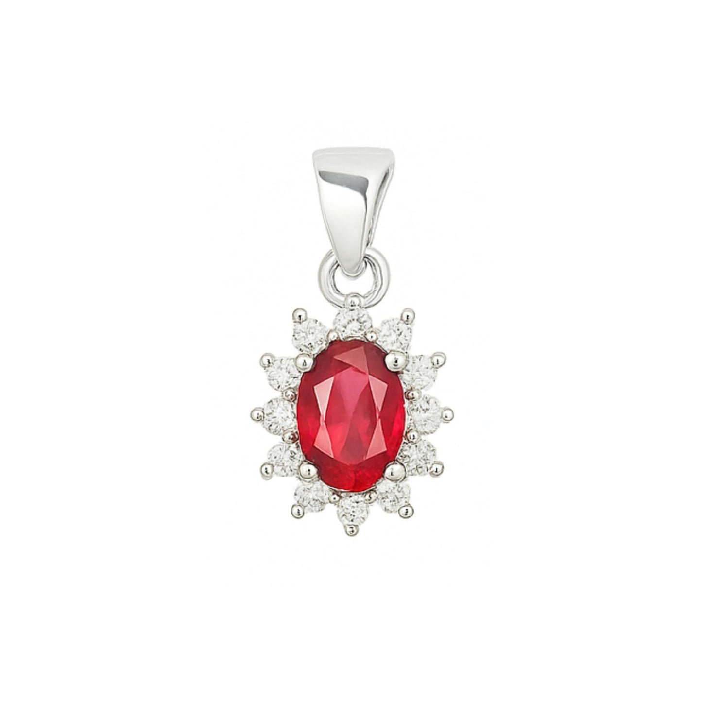 Silver-tone pendant with oval red gemstone cluster and small halo stones.