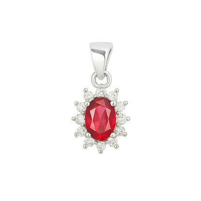 Silver-tone pendant with oval red gemstone cluster and small halo stones.