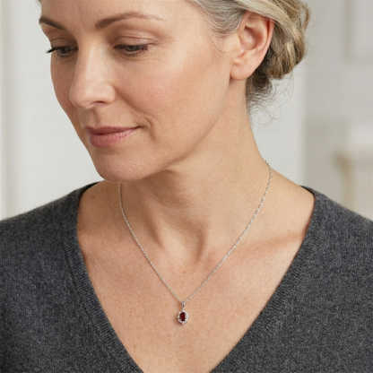 Silver-tone necklace with dark red oval gemstone cluster pendant on a thin chain.