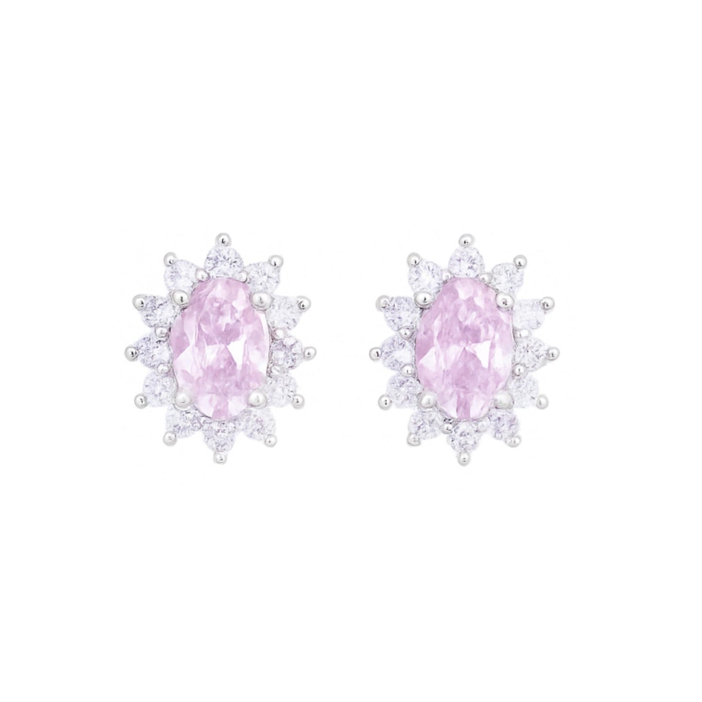 Oval pink gemstone cluster stud earrings with crystal halo, silver-tone setting