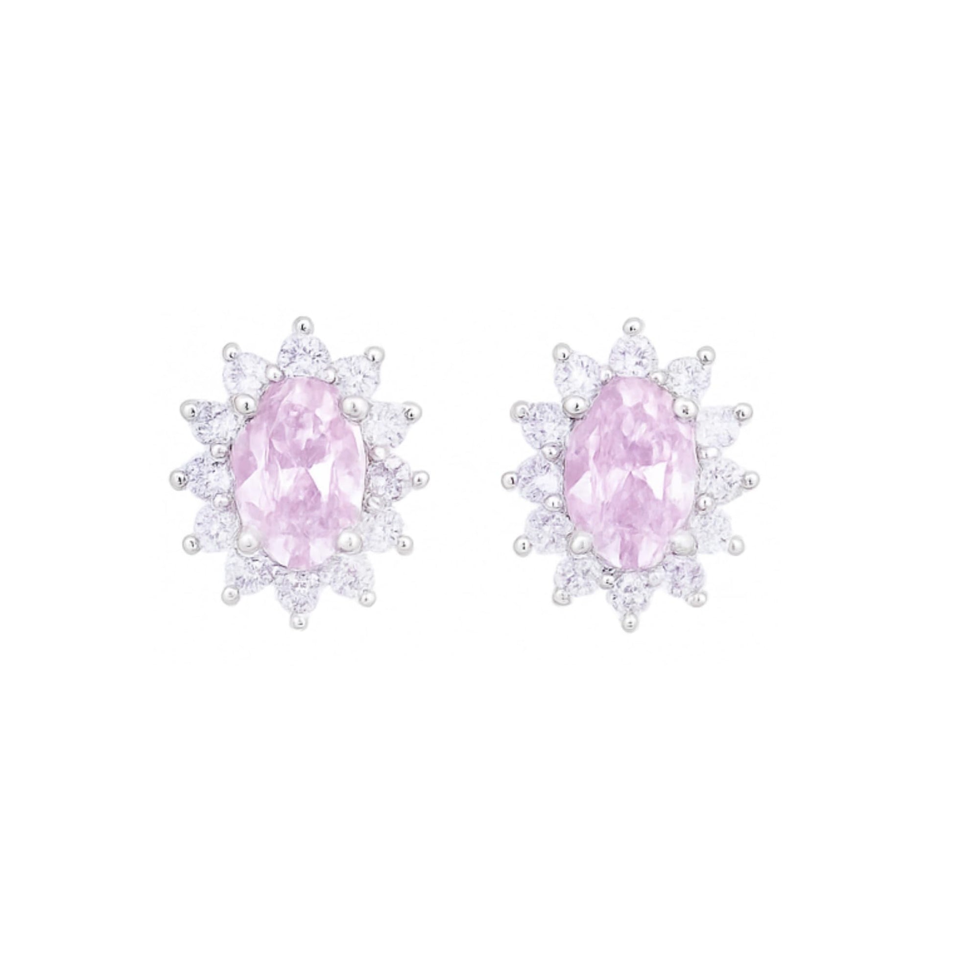 Oval pink gemstone cluster stud earrings with crystal halo, silver-tone setting