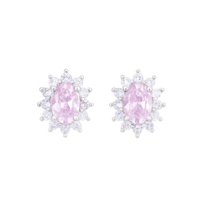 Oval pink gemstone cluster stud earrings with crystal halo, silver-tone setting