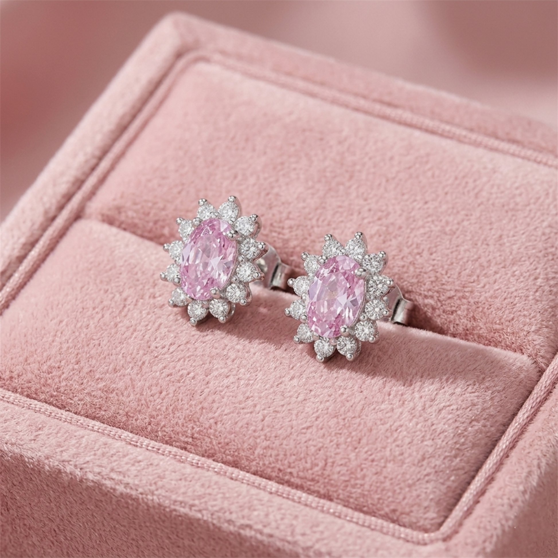 Pink oval gemstone cluster earrings with diamond accents and stud backs