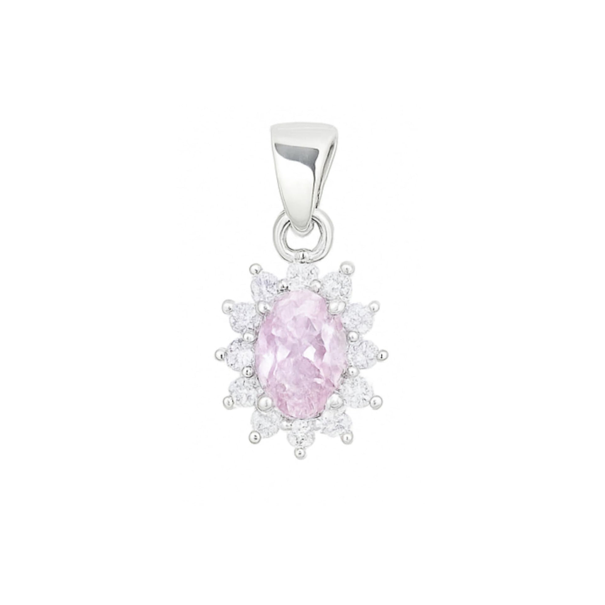 Silver-tone pendant with oval pink gemstone cluster and small halo stones.