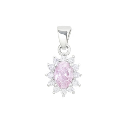 Silver-tone pendant with oval pink gemstone cluster and small halo stones.