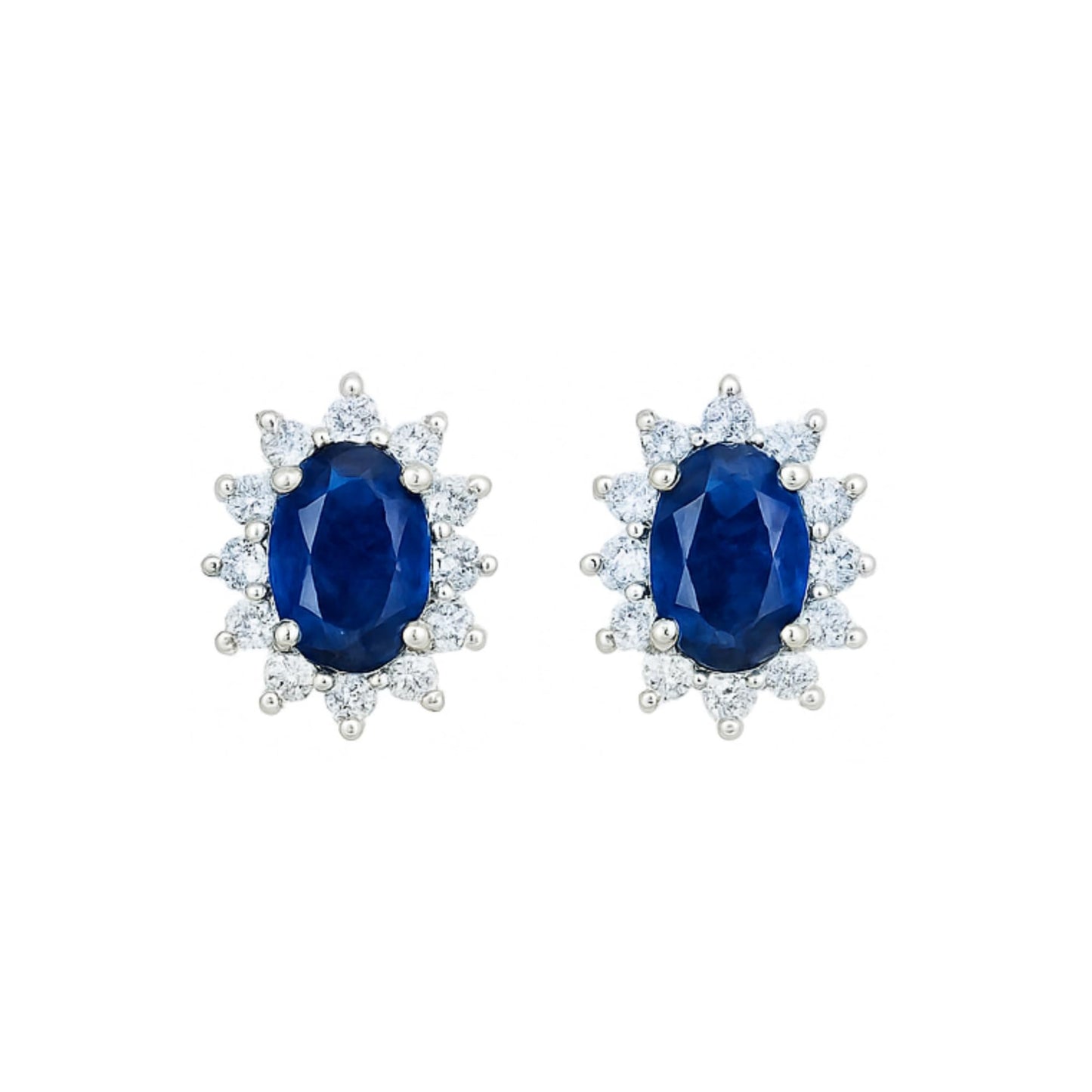 Oval sapphire cluster stud earrings with crystal halo, silver-tone setting