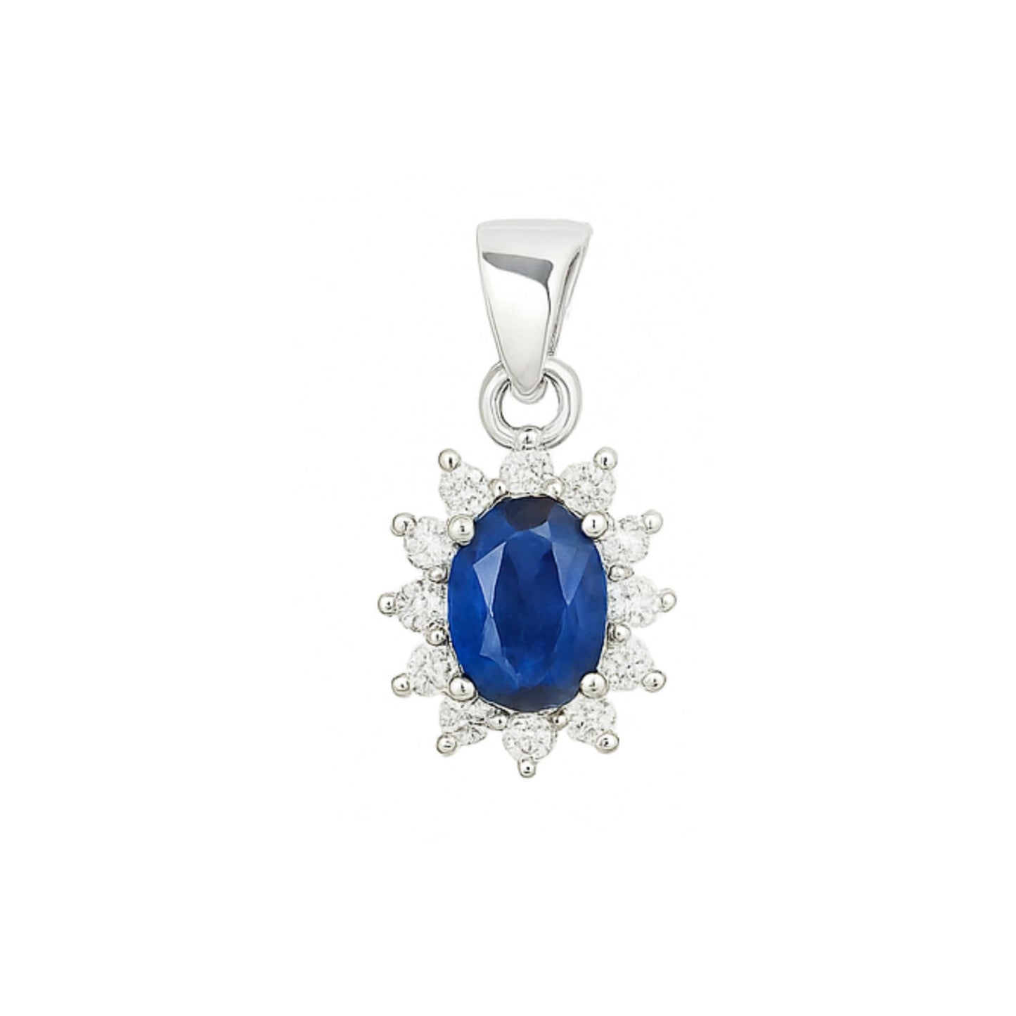 Silver-tone pendant with oval blue gemstone cluster and small halo stones.