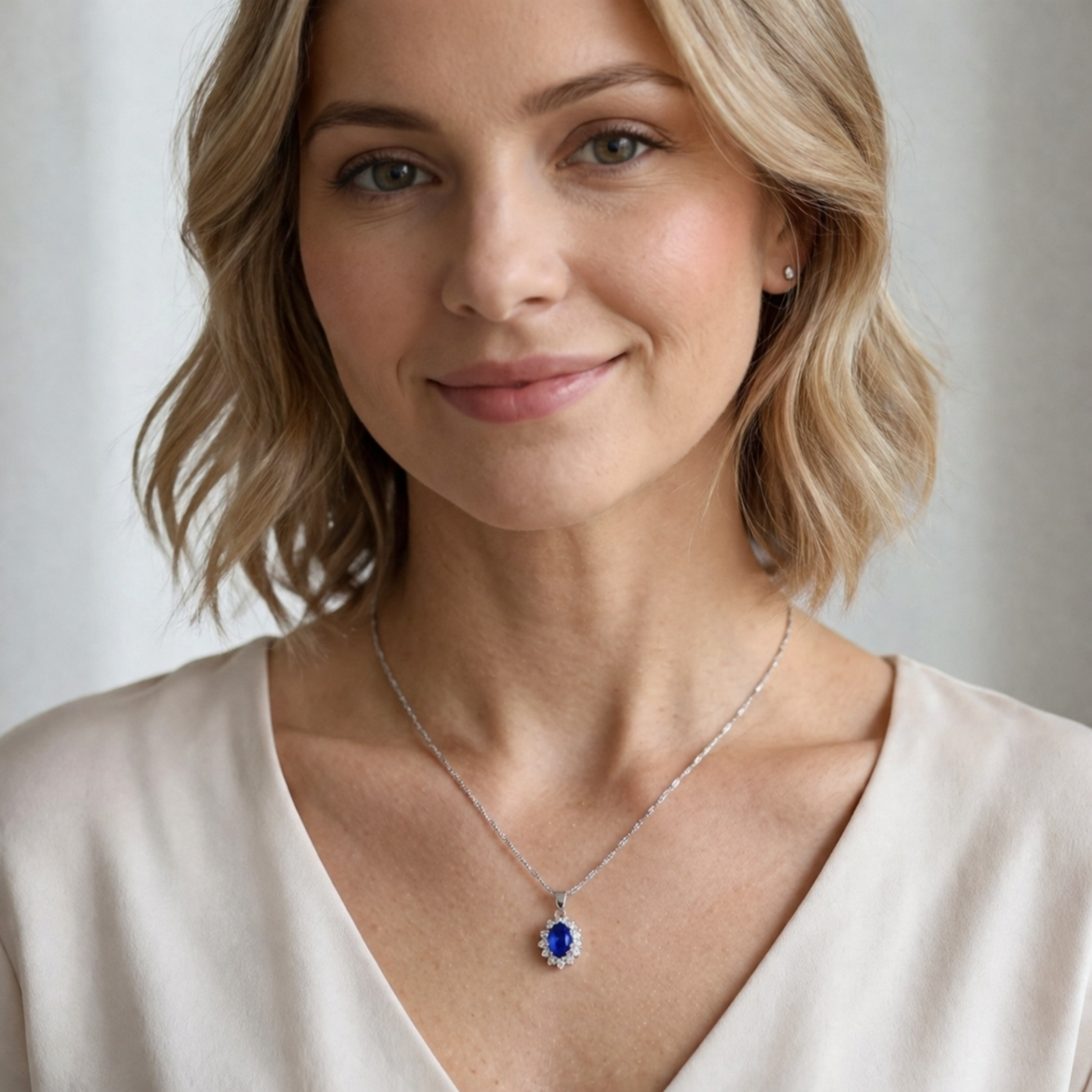 Silver-tone necklace with oval blue gemstone cluster pendant on a thin chain.
