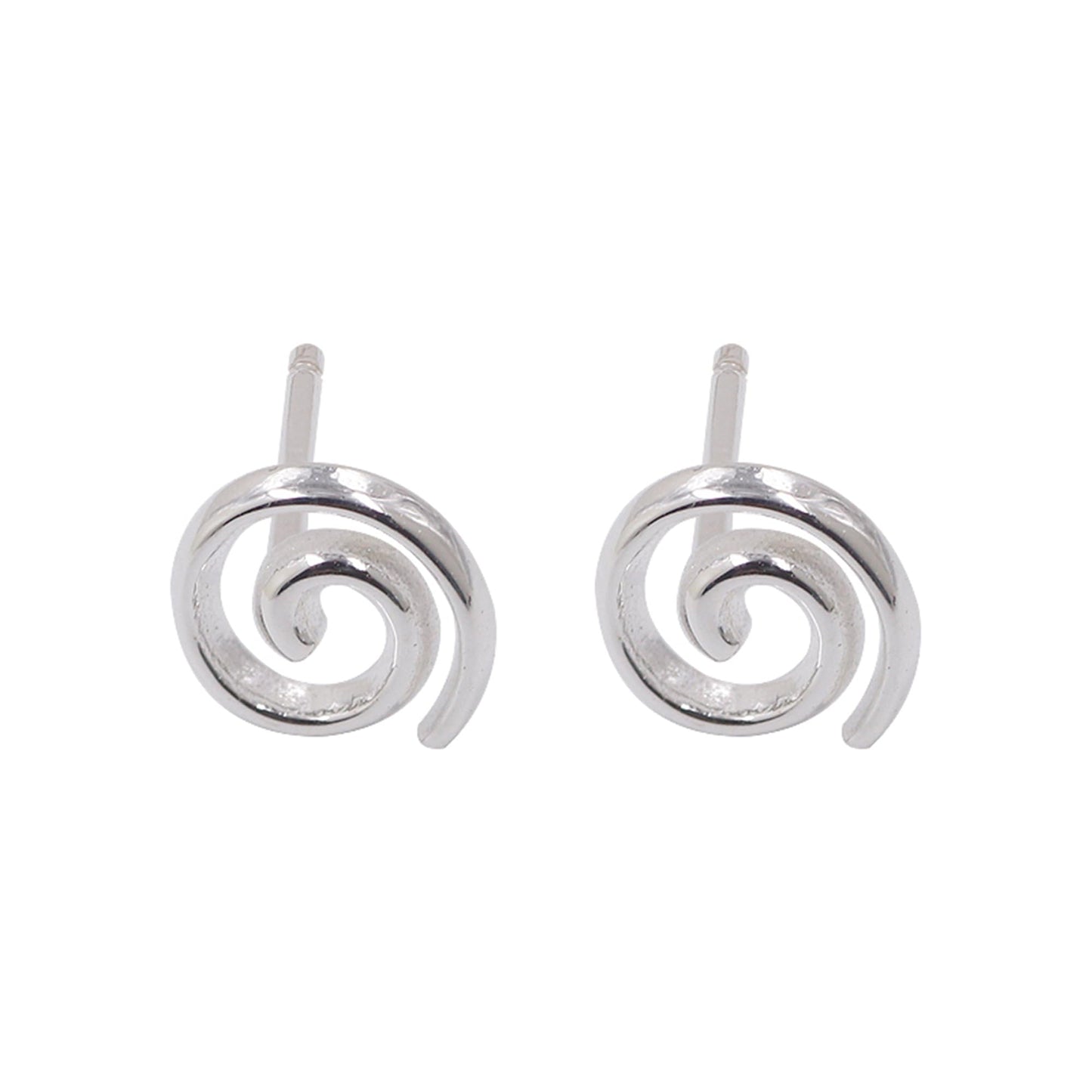 Silver spiral swirl stud earrings with round swirl centers on straight posts.