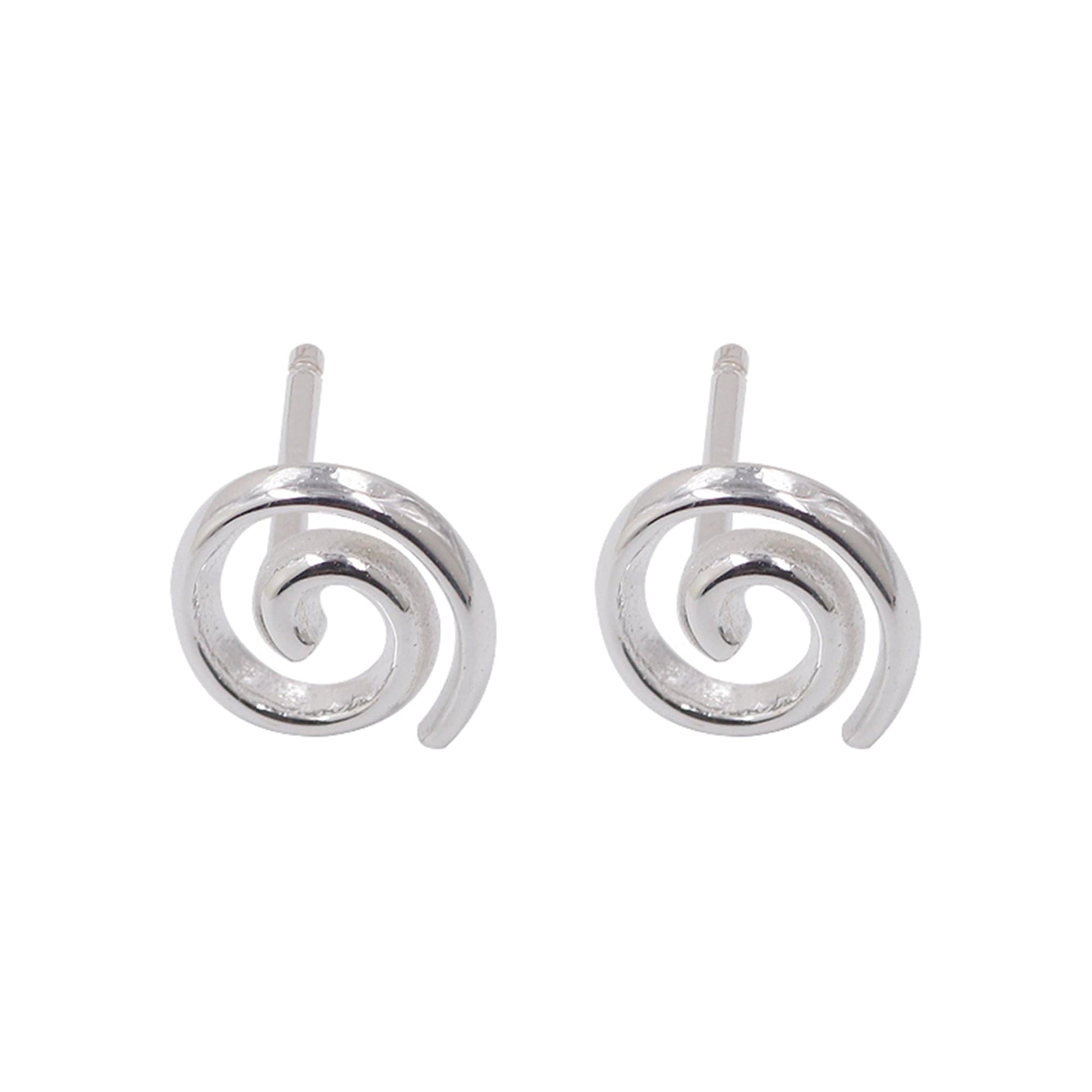 Silver spiral swirl stud earrings with round swirl centers on straight posts.