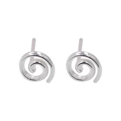Silver spiral swirl stud earrings with round swirl centers on straight posts.