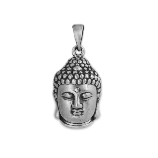 3D Buddha head pendant with bail and detailed face, silver-tone