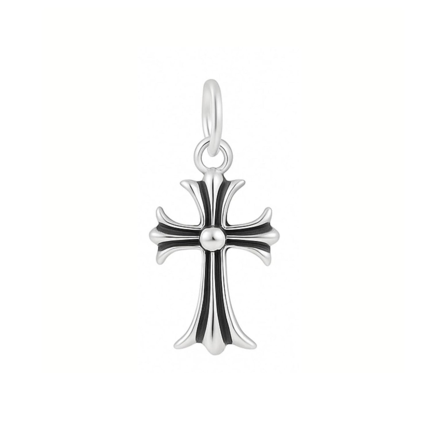 Fleur-de-lis cross pendant in oxidised silver with dark antiqued accents