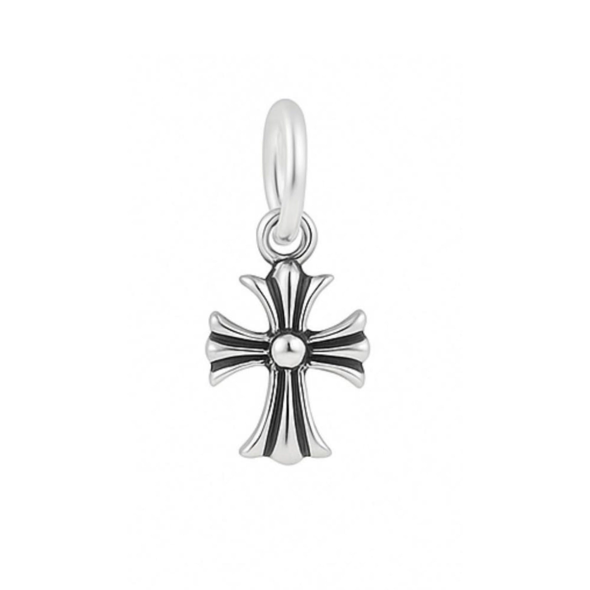 Two-tone fleur-de-lis cross pendant, oxidised silver with dark striping