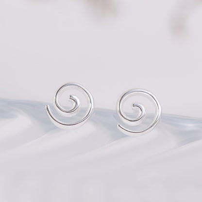 Silver spiral swirl stud earrings, round swirl fronts with straight post backs.