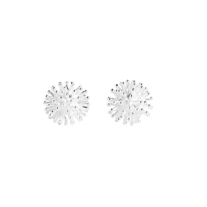 Silver-toned dandelion flower stud earrings with sparkly round center and spiky petals